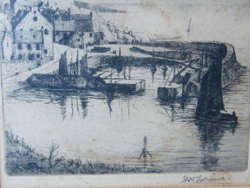 Antique signed etching of fishing harbour
