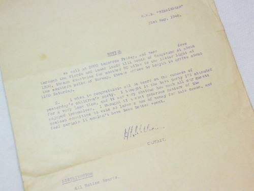 HMS Birmingham notice letter while in Europe during WW2 - 31 May 1945