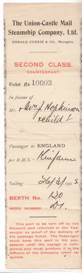 Union Castle early second class ticket 1905 for the RMS Kinfauns