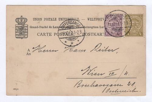 Postcard Luxembourg to Vienna, Austria 1912 with 2x Luxembourg stamps - Letter written 12-12-12
