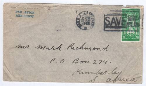 Airmail cover Ireland ti Kimberley, South Africa with 2/6 Irish stamp cancelled 25 July 1947