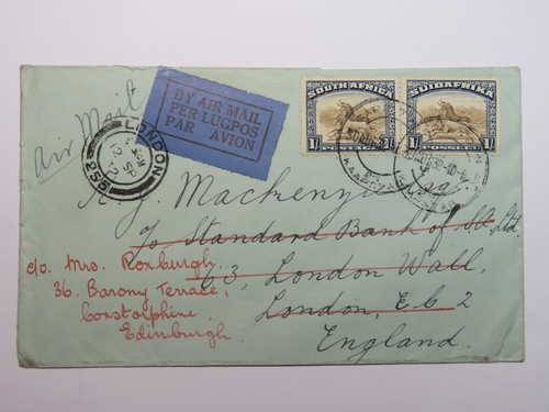 Airmail cover Cape Town, South Africa to London, England and forwarded to Edinburgh, Scotland