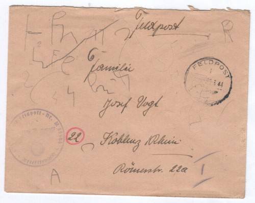 1944 German Feldpost letter to Josef Vogl - Various marks
