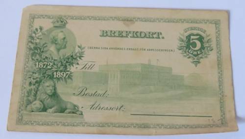 1897 Sweden Brefkort ( Letter Card) unused with light damage - 5 ORE printed stamp