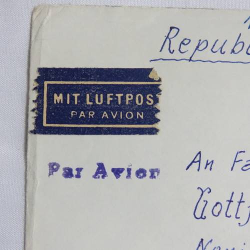 Airmail cover from Schmolln, DDR to Paarl, South Africa with airmail tag and Par Avion ink cancel