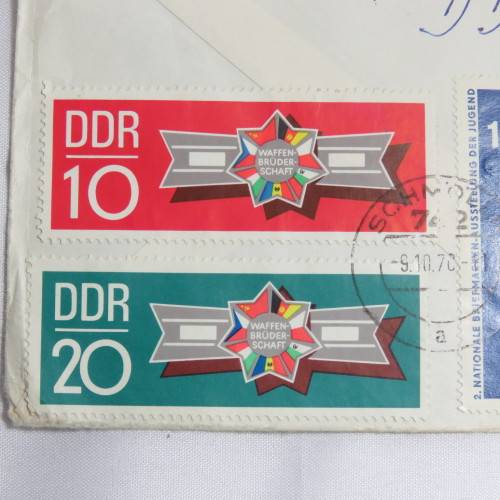 Airmail cover from Schmolln, DDR to Paarl, South Africa with airmail tag and Par Avion ink cancel