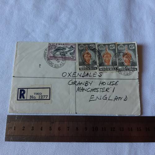 Registered postal cover from Tiko, Cameroons to Manchester, England with 1x3d stamp, 3x6d stamps