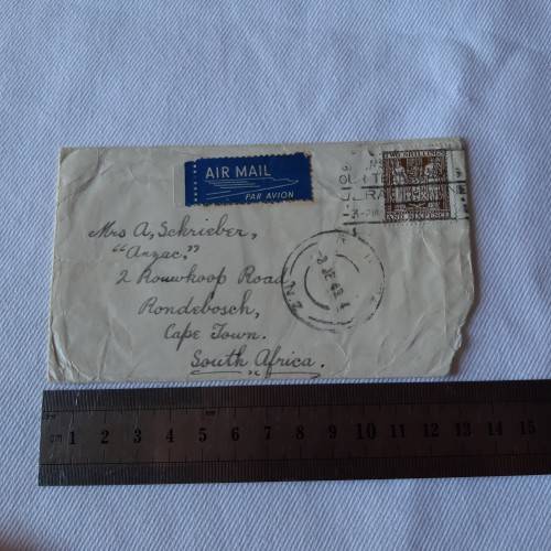 Airmail cover from New Zealand to Cape Town, South Africa with New Zealand 2 shilling and sixpence