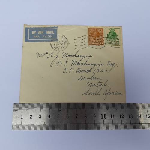 Airmail cover from London, England to Natal, South Africa - 27 August 1929 - With 5 1/2 rated stamps