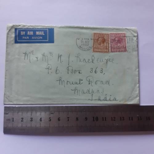 Airmail cover from England to Madras, India - 24 November 1932 with 5pence and 6pence stamps