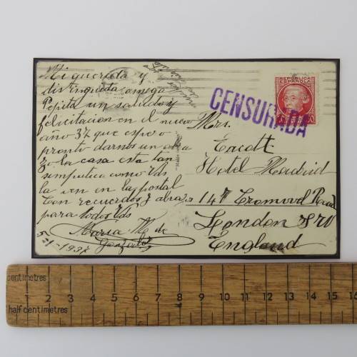 Censored photo postcard Spain to England with Spanish stamp cancelled 1937 - Spanish Civil War Era
