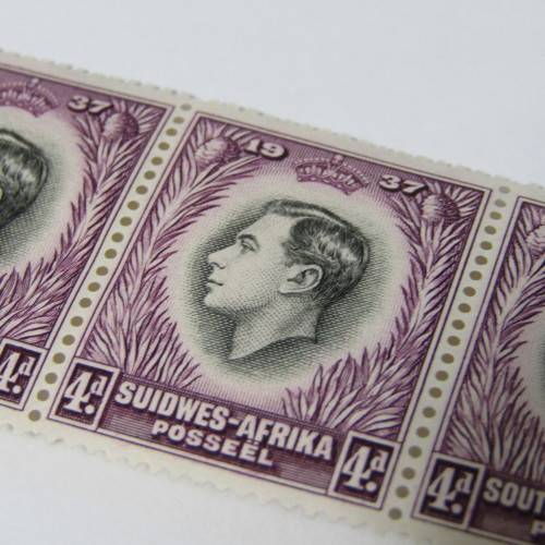 South West Africa SACC 129 - strip of 4 - 2nd stamp with error - purple mark through 4 of 4d