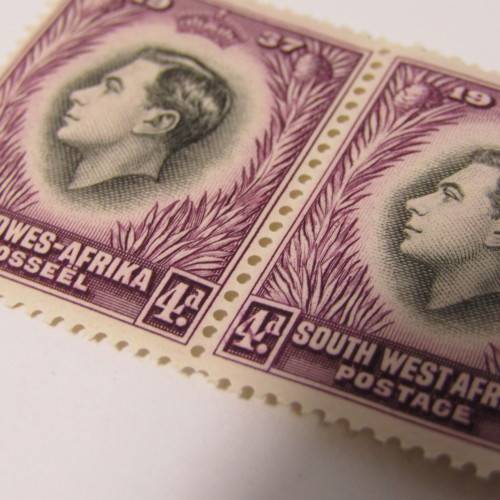 South West Africa SACC 129 - strip of 4 - 2nd stamp with error - purple mark through 4 of 4d