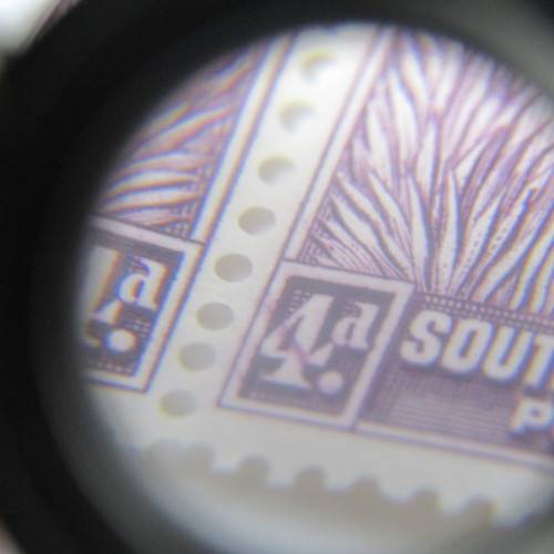 South West Africa SACC 129 - strip of 4 - 2nd stamp with error - purple mark through 4 of 4d