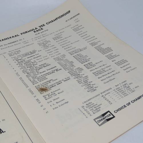Kyalami Rand Springs Motor races Official programme - 7 October 1967 - Small burned hole on page 7