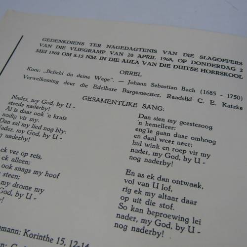 Original Memorial service booklet for Windhoek Air Disaster 20 April 1968 of SA Airways flight 228