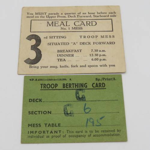 WW2 Troop Berthing card on transport ship - Issued to SGT Kisbey-Green plus meal card on ship