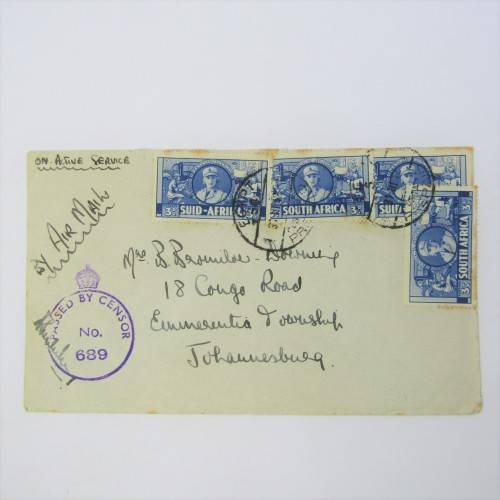 WW II South African Air Mail passed by censor with 4 x 3d war stamps Egypt 54