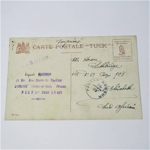 Paris censor postcard to South Africa with a French stamp and two Paris 23 Feb 1919 cancellations
