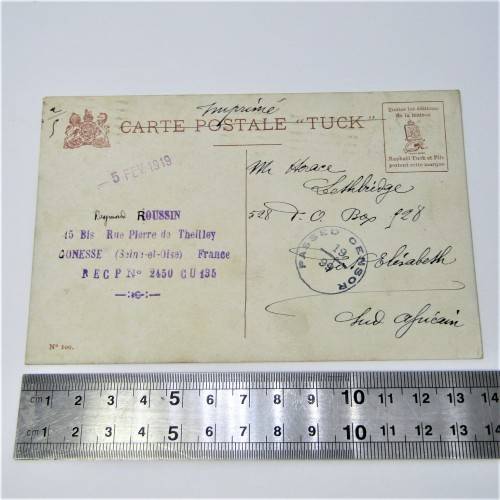 Paris censor postcard to South Africa with a French stamp and two Paris 23 Feb 1919 cancellations