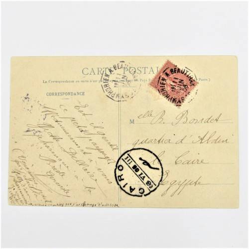 French postcard to Egypt with a French stamp and two Symphorien a Beautiran cancellations