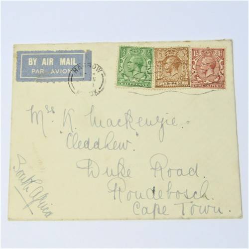 Harrow, London airmail cover to Rondebosch, Cape Town with three United States stamps