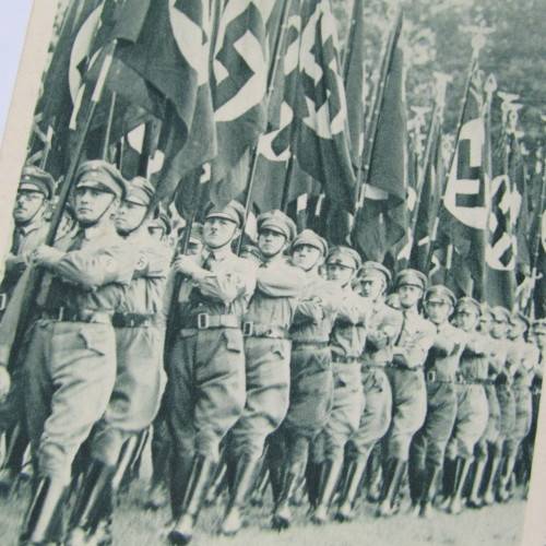 German Post card Showing troops with Hitler stamp on Post card