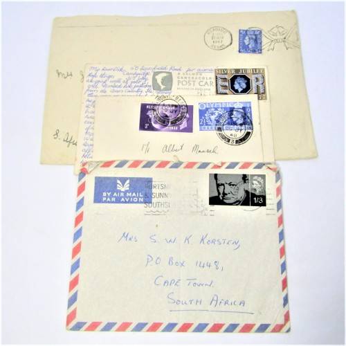 Lot of four Used postal envelopes from England to South Africa