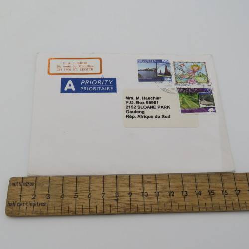 Postal item priority mail from Switzerland to South Africa 25 November 2009 with 3 Swiss stamps
