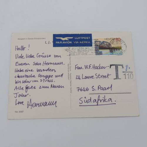 Postcard sent from Switzerland to South Africa - Taxed for insufficient postage