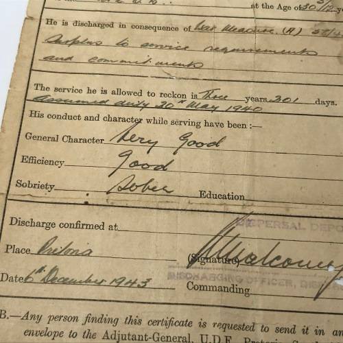 WW2 Military Discharge document of 75177 Robert Ayward Norris