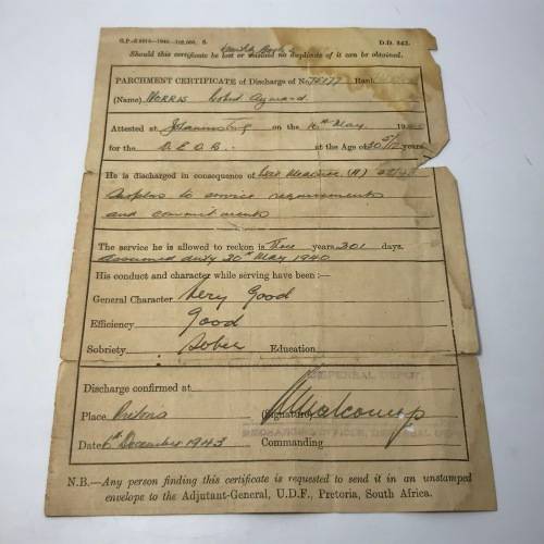 WW2 Military Discharge document of 75177 Robert Ayward Norris