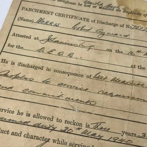 WW2 Military Discharge document of 75177 Robert Ayward Norris
