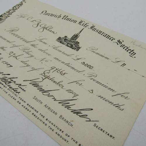 Receipt Norwick Union Life Insurance Society - premium of 11-0-6 paid on 3000 pound policy in 1909