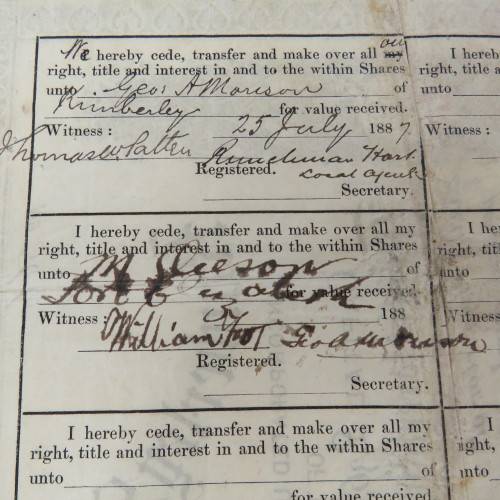 Four shares of one pound in the Kimberly Sheba Gold Mining Company - Baberton 1887 to Messe Runchman