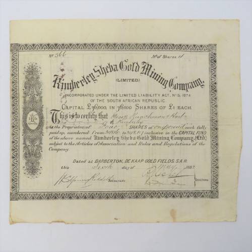Four shares of one pound in the Kimberly Sheba Gold Mining Company - Baberton 1887 to Messe Runchman