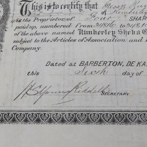 Four shares of one pound in the Kimberly Sheba Gold Mining Company - Baberton 1887 to Messe Runchman