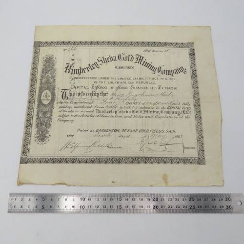 Four shares of one pound in the Kimberly Sheba Gold Mining Company - Baberton 1887 to Messe Runchman