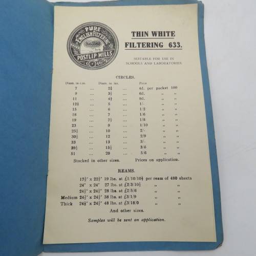 Antique Postlip Mill 633 English filtering papers advertising booklet