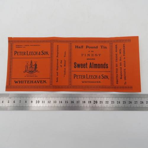 Antique Peter Leech and Son Half pound tin sweet almonds label