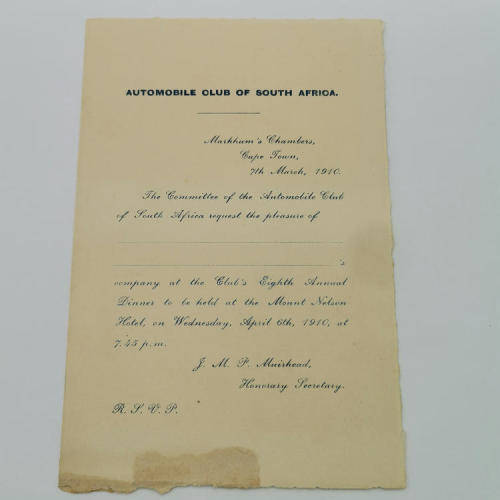 1910 Automobile club of South Africa - Invitation card for Annual dinner at the Mount Nelson Hotel