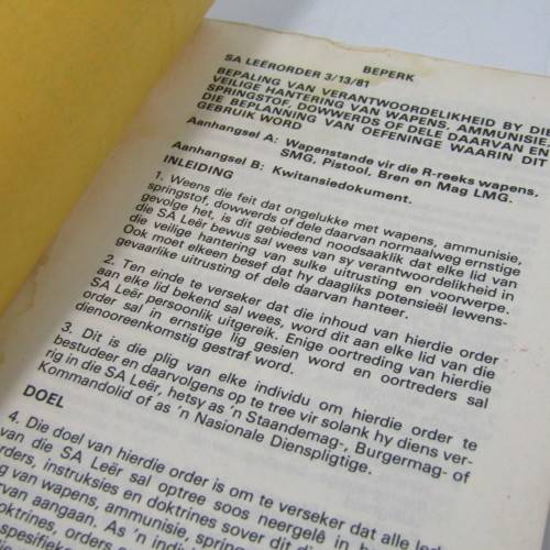 SADF Army order 3/13/81 for the safe handling of weapons - dated 1981