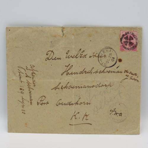 Boer War P.O.W. cover from St Helena to Oudtshoorn - with censor mark 1901 cancellation on front