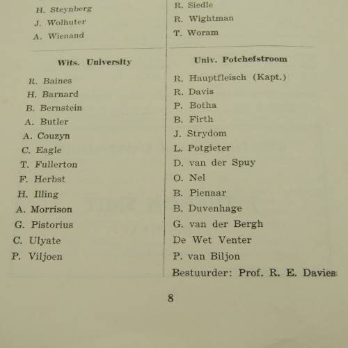 1951 Universities Cricket tournament programme with list of team members