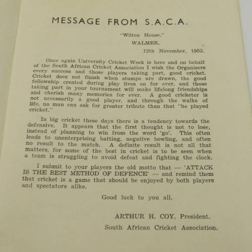 1951 Universities Cricket tournament programme with list of team members