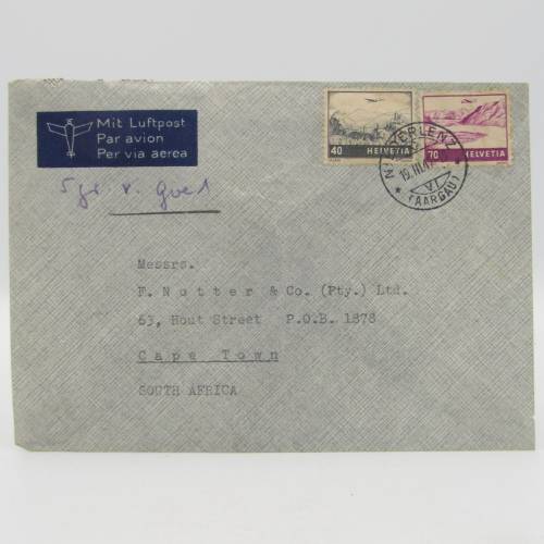 Airmail letter sent from Niederlenz, Switzerland to Cape Town, South Africa with 2 Swiss stamps