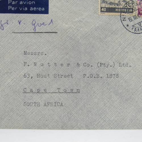 Airmail letter sent from Niederlenz, Switzerland to Cape Town, South Africa with 2 Swiss stamps