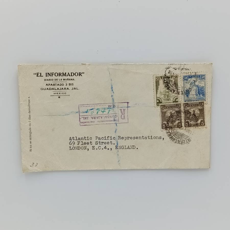Registered cover sent from Mexico to London, England Nov 1946 with 4 Mexican stamps