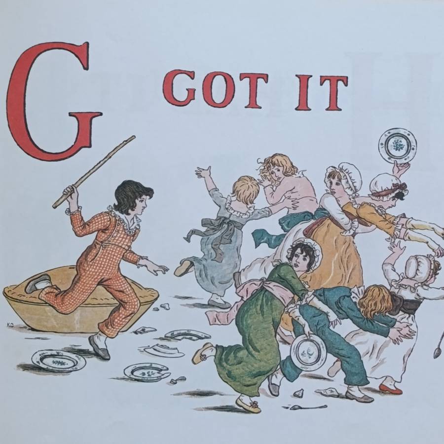 A Apple Pie by Kate Greenway with material Alphabet poster