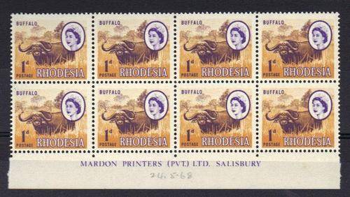 Rhodesia 1966~1970 1d Mardon Printing Imprint block of 8